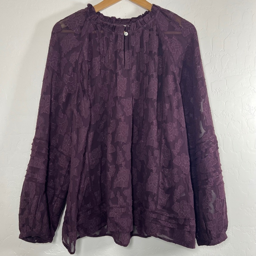 J. Jill Womens Plum Purple Floral Burnout Sheer Blouse Ruffle Neck Top Medium